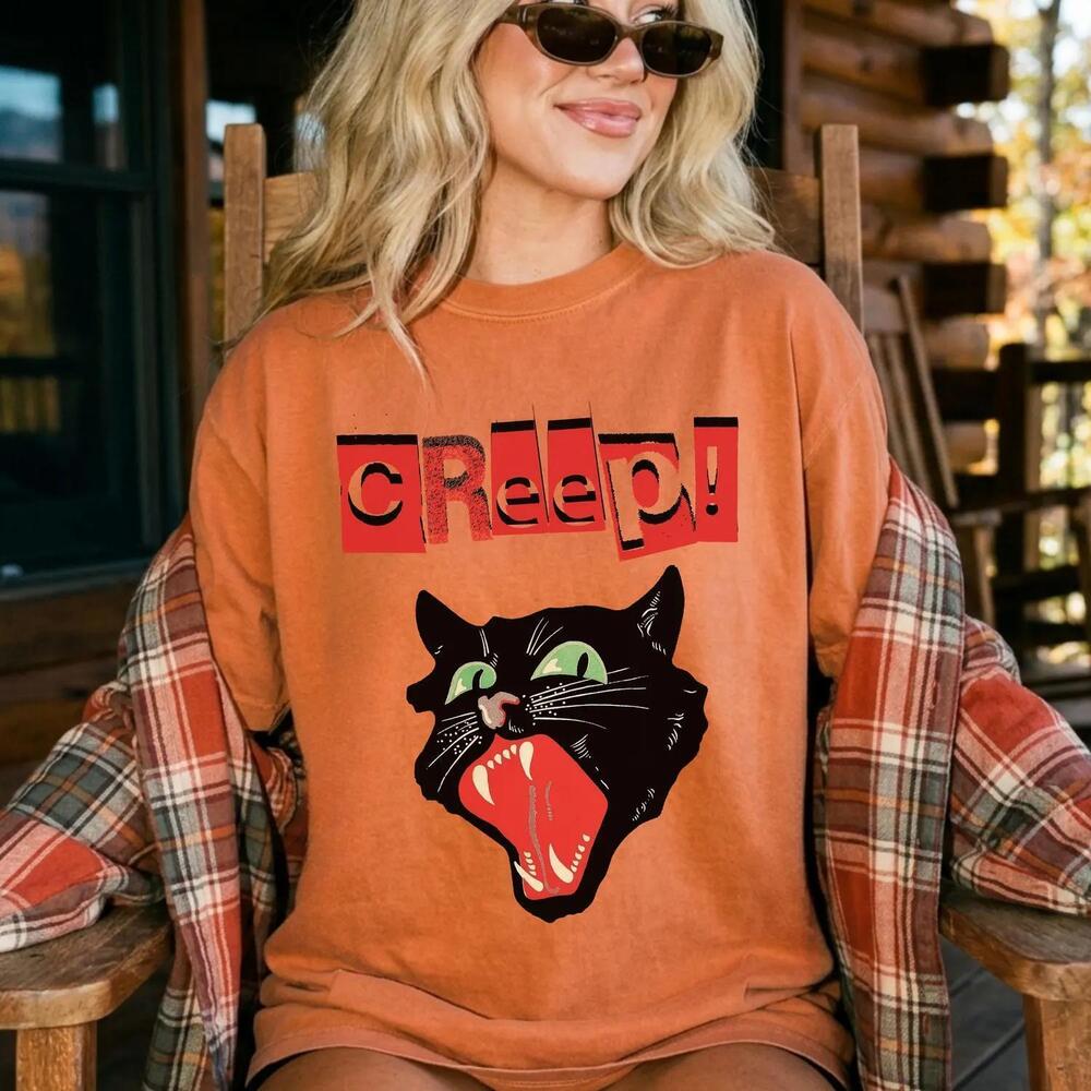 Black Cat Halloween Shirt, Creep Cat Face Tee, Halloween Graphic, Retro